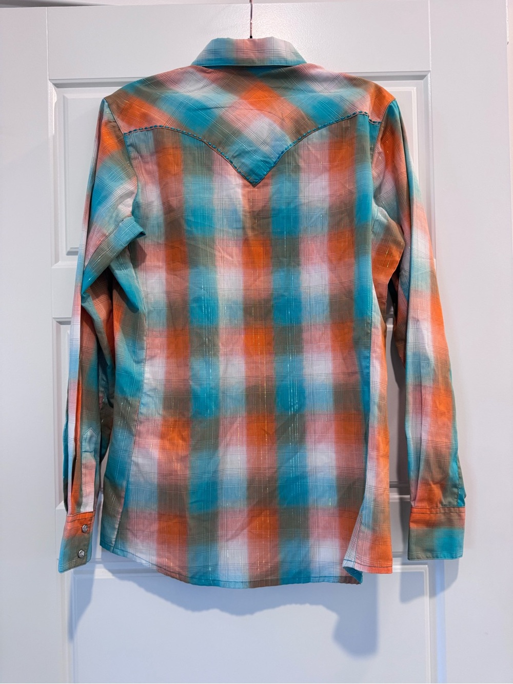 Wrangler Western Plaid Rhinestone Snap Shirt Turquoise Orange Size M - Picture 9 of 10